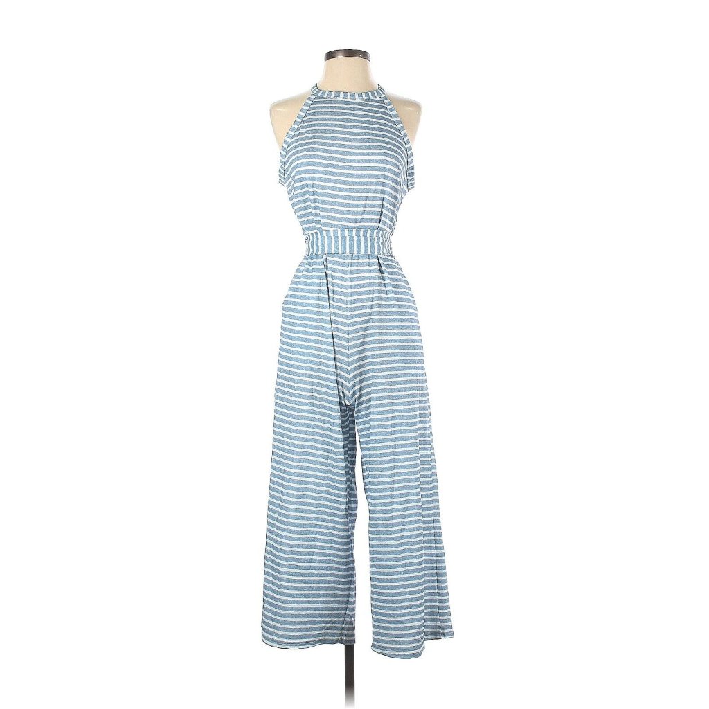 Goodnight Macaroon Blue Striped Sleeveless Belted Jumpsuit, Size Small, Nwt!
